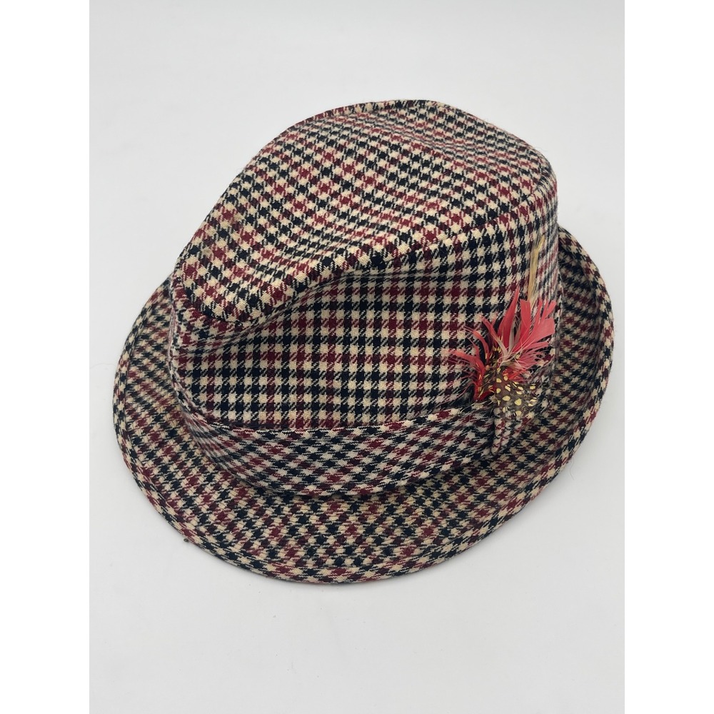 Vtg 1970s Pendleton Wool Fedora Hat Houndstooth Trilby Feather Size 7 1/8 Medium
